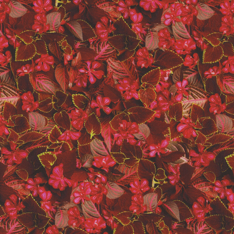 Photorealistic fabric with red flowers and leaves.