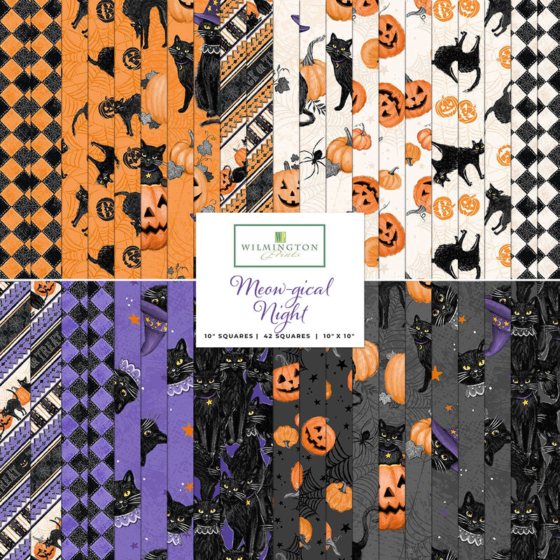 collage of fabrics in meow-gical night layer cake featuring cats pumpkins, and checkered patterns in orange, purple, grey and cream