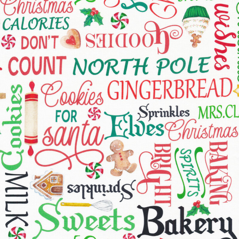 White fabric with holiday phrases and baking motifs.