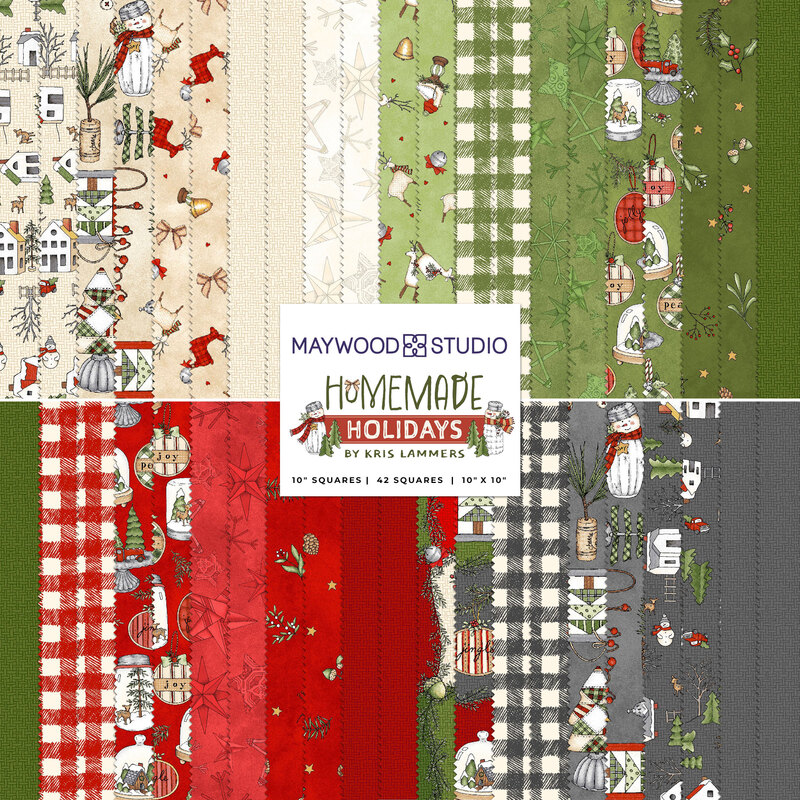 collage of all the homemade holidays fabrics in shades of red, green, cream, and gray