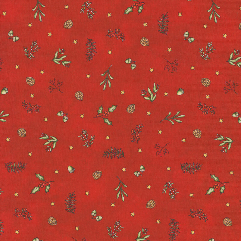 lovely textured red fabric, with scattered stars, mistletoe, holly, pinecones, acorns, sage sprigs, and fir tree branches