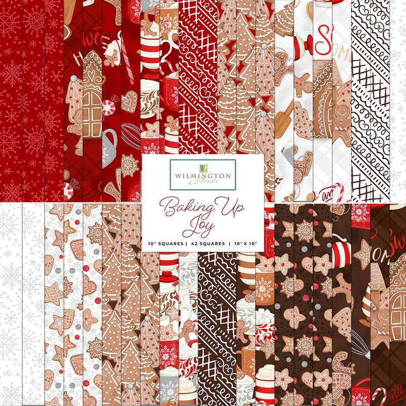 Collage of fabrics in baking up joy layer cake featuring, cookies, hot cocoa and baking supplies in red, brown, and white