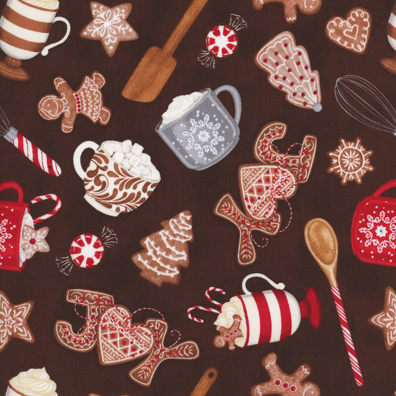 brown fabric tossed with cookies, hot cocoa and baking utensils