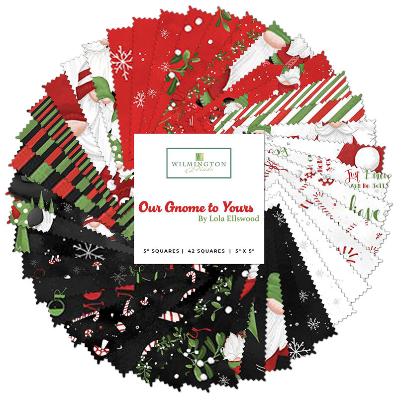 Collage of red, black, and white fabrics featuring gnomes and Christmas things included in the Our Gnome to Yours collection.