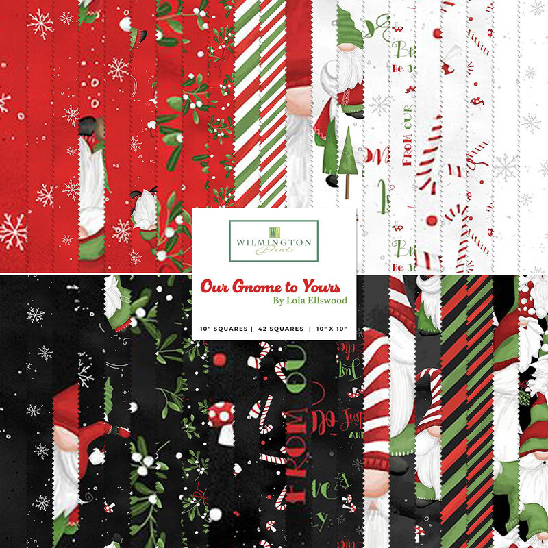 Collage of red, black, and white fabrics featuring gnomes and Christmas things included in the Our Gnome to Yours collection.