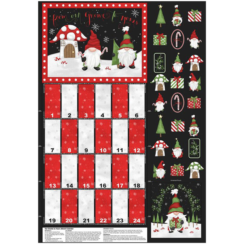 Panel of an advent calendar featuring gnomes and holiday paraphernalia.