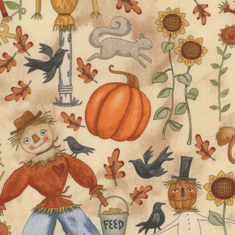 cream fabric with scattered autumn motifs, including scarecrows, sunflowers, crows, leaves, pumpkins, and squirrels