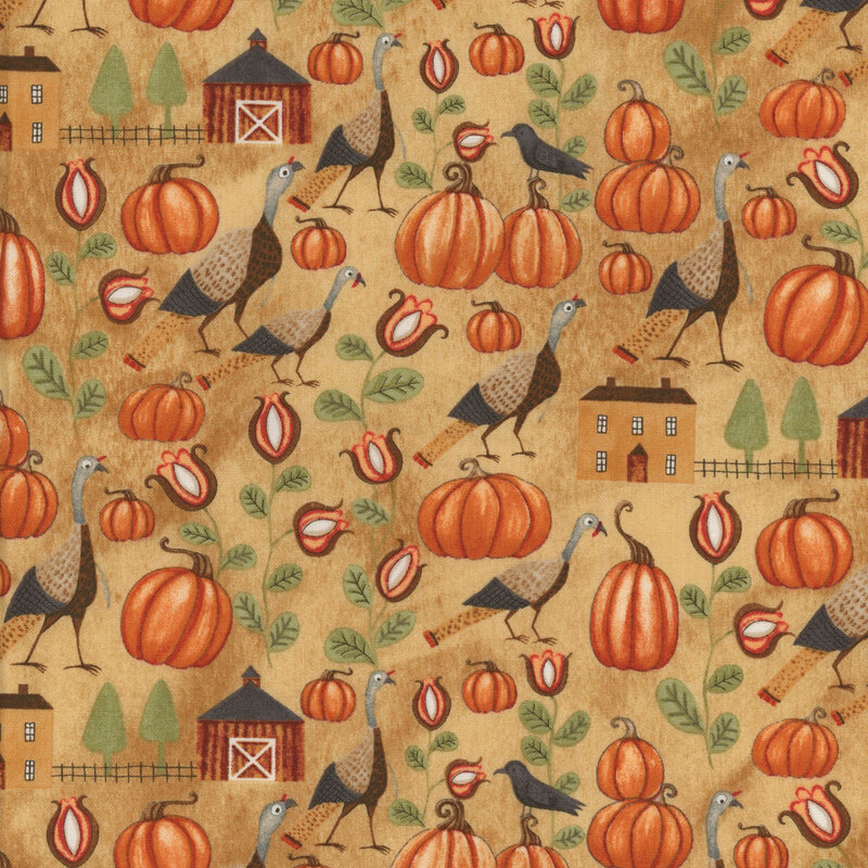 muted golden fabric with scattered turkeys, pumpkins, flowers, and farmhouses