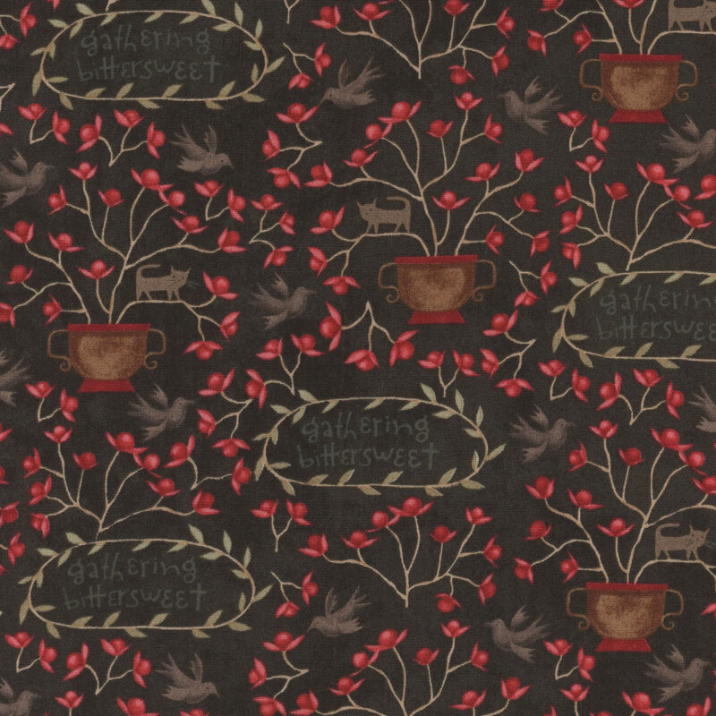 black fabric with brown planters of red flowering bushes, including a cat stuck in the branches, flying crows, and scattered vine circles with 