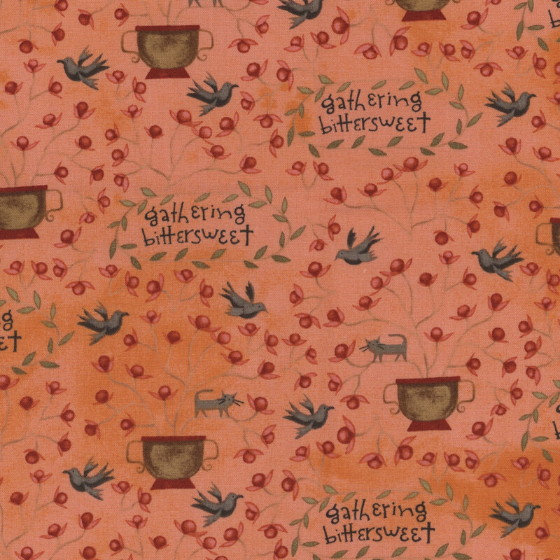 orange fabric with brown planters of red flowering bushes, including a cat stuck in the branches, flying crows, and scattered vine circles with 