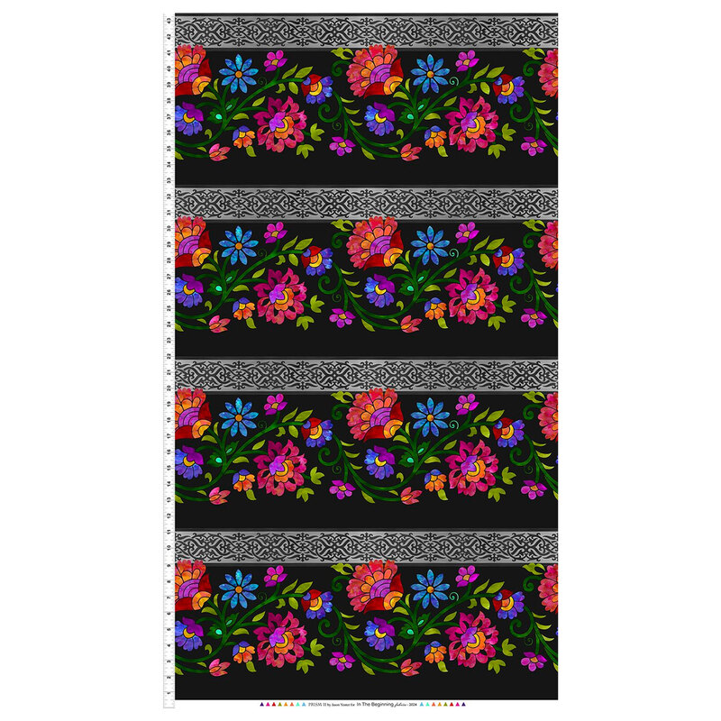 full digital image of border stripe fabric featuring flowers on a black background