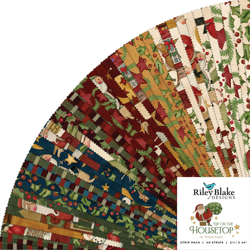 collage of all up on the housetop fabrics in deep shades of cream, yellow, red, blue, and green