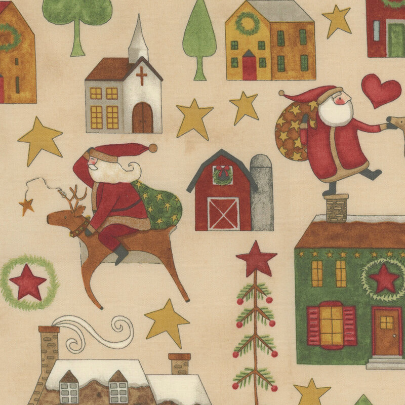 cream fabric with scattered homes decorated for Christmas, stars, Santa riding reindeer, and stylized trees