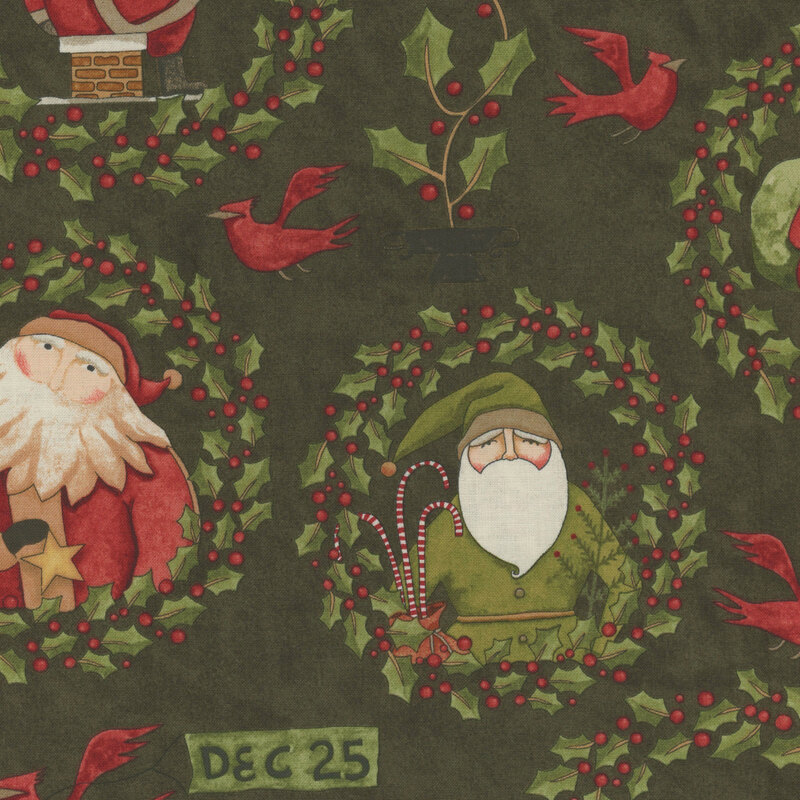 dark green fabric with various Santas in a frame of holly including scattered cardinals, holly bushes, and little green flags with 