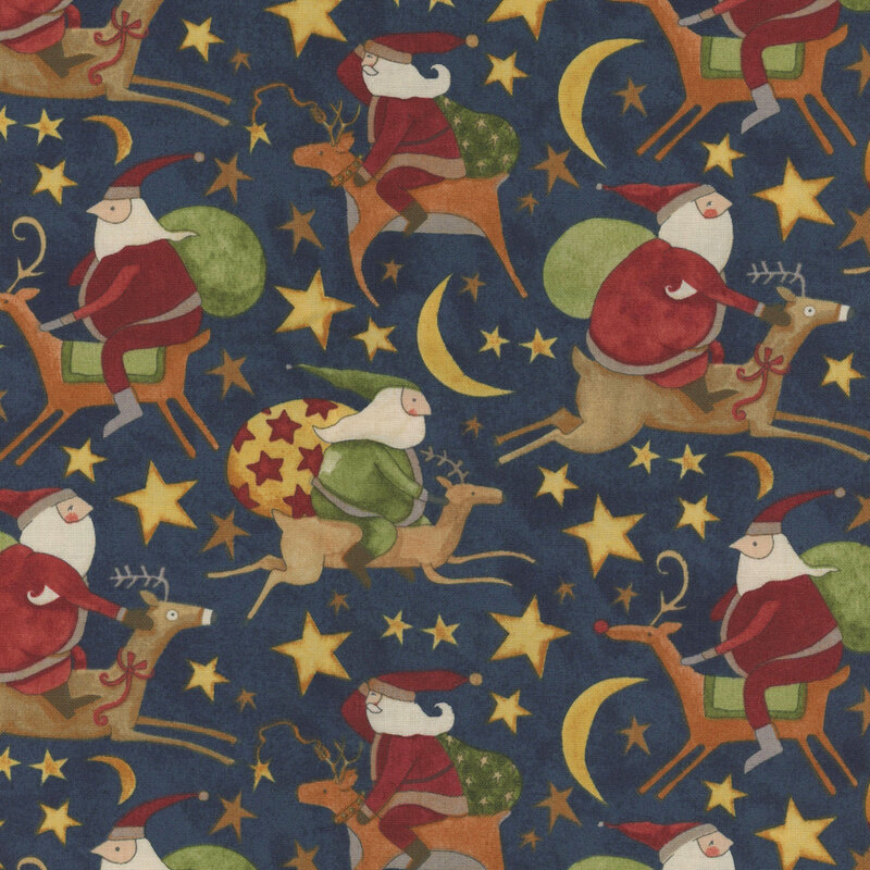 dark blue fabric with various Santas riding reindeer amidst scattered stars