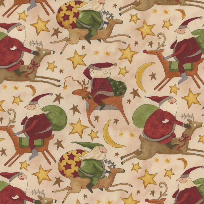 cream fabric with various Santas riding reindeer amidst scattered stars