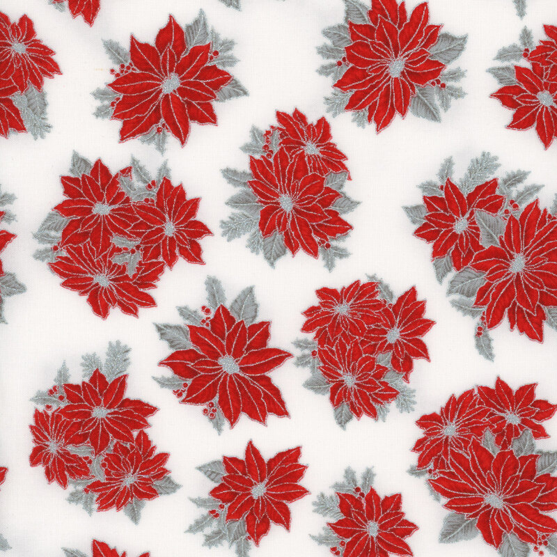 White fabric featuring red poinsettia flowers on gray leaves