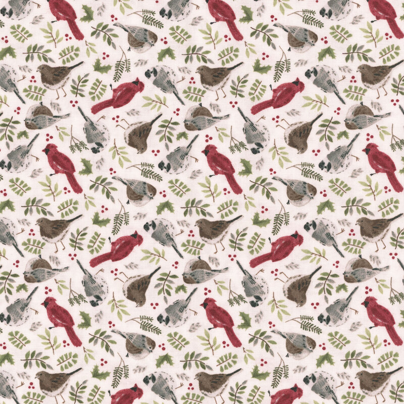 white fabric, featuring scattered holly, leaves, and different kinds of little birds