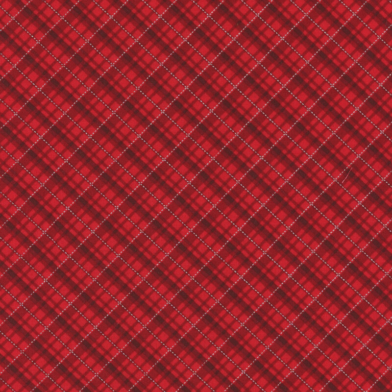 red plaid fabric with silver metallic accents