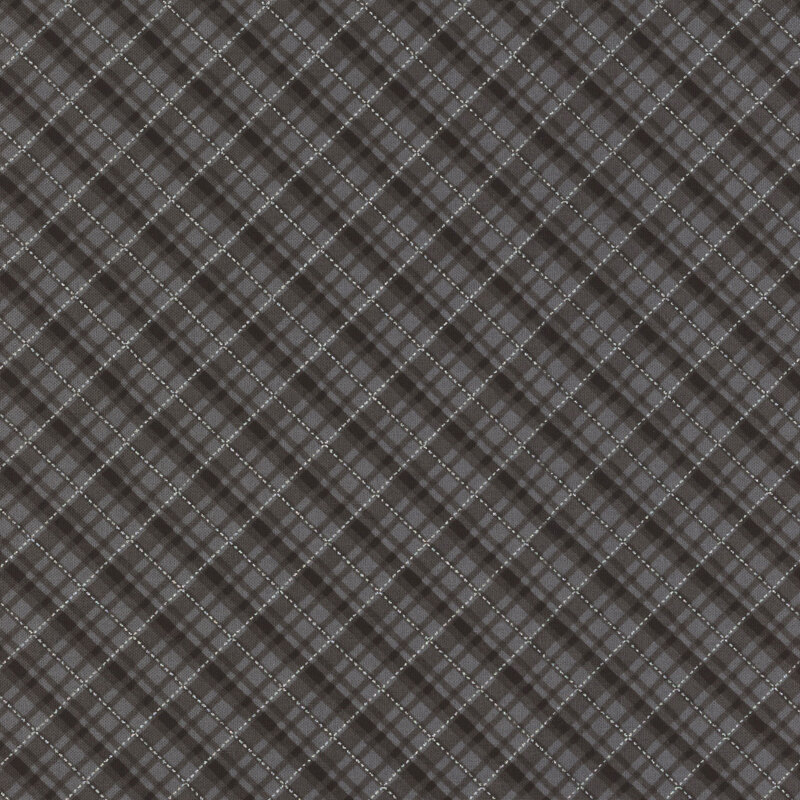 dark grey plaid fabric with silver metallic accents