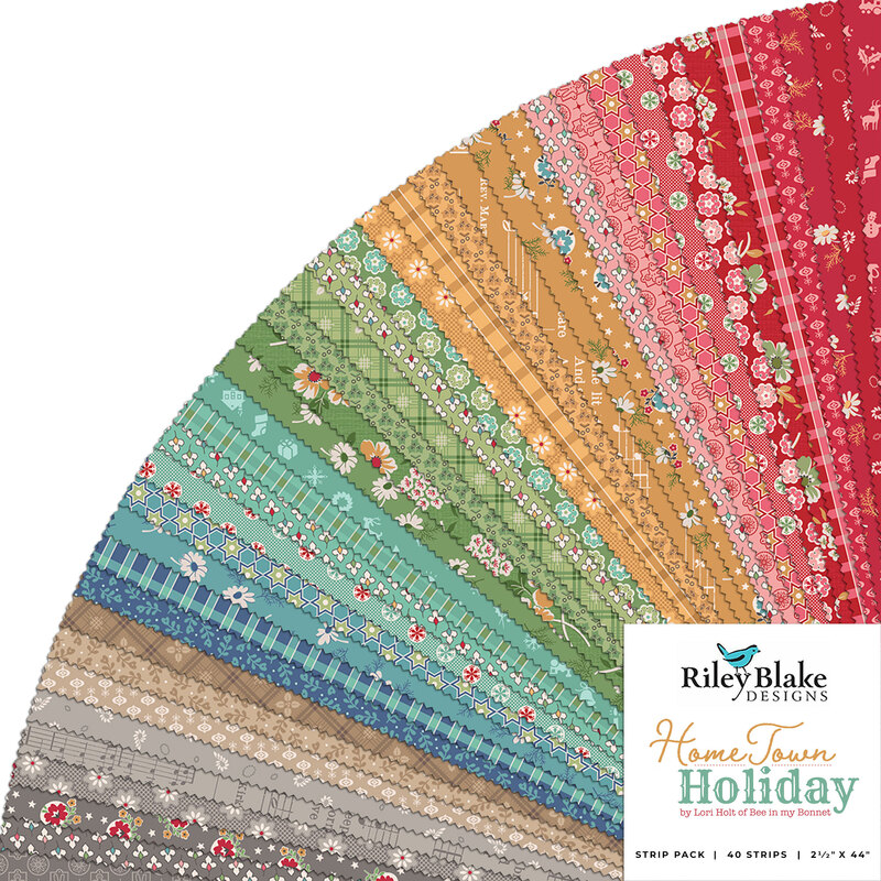 A fanned collage of fabrics available in the Home Town Holiday Rolie Polie.