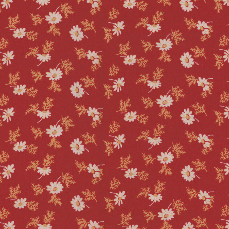 Red fabric with a ditsy daisy pattern 