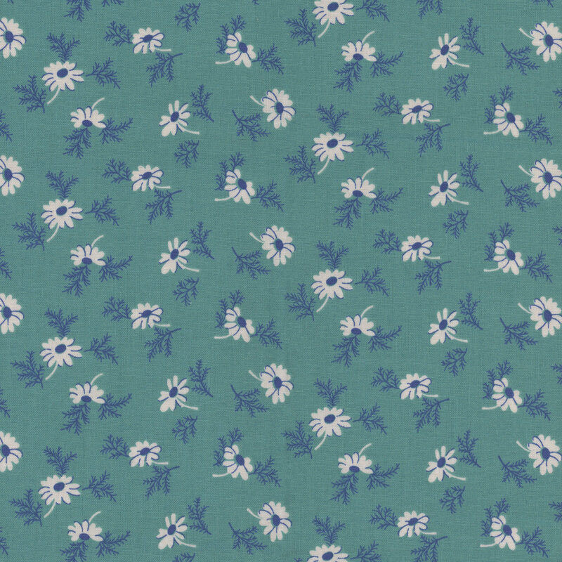 Aqua fabric with a ditsy daisy pattern 