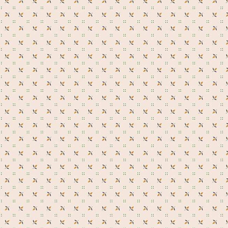 A soft, light tan background featuring a repeated pattern of small floral motifs in green and orange.