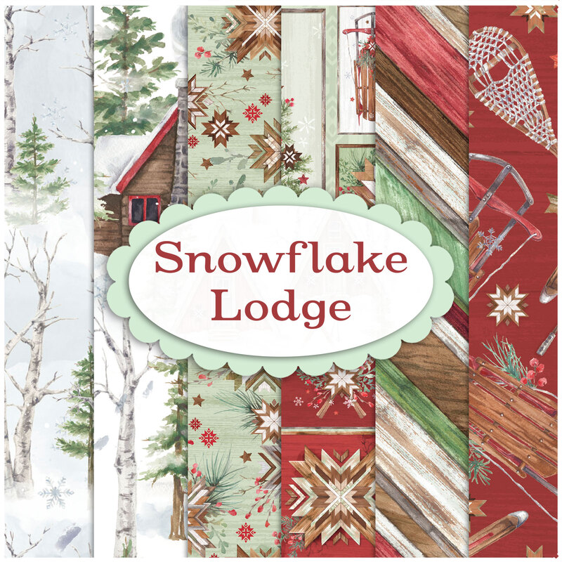collage of fabrics in snowflake lodge in green, red white and brown