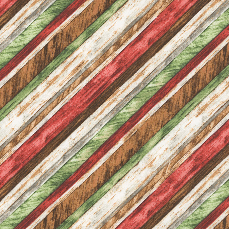 Striped wood textured fabric in red green brown and cream