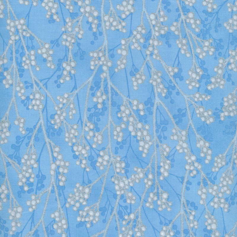 Gray berry branches with silver metallic accents on a light blue background.