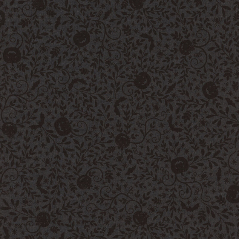 Dark gray fabric featuring black jack o'lanterns, vines leaves and bats