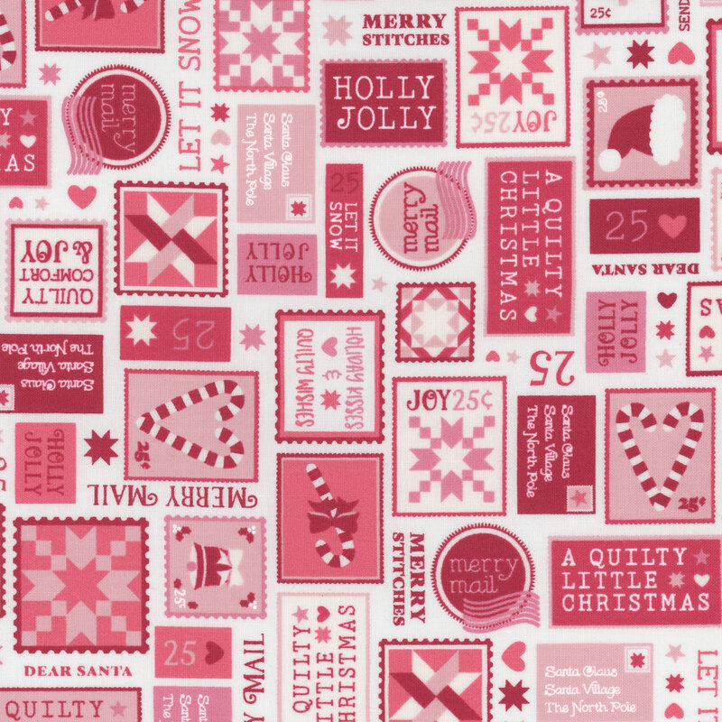 fabric featuring red and pink postage stamps and christmas elements on white background