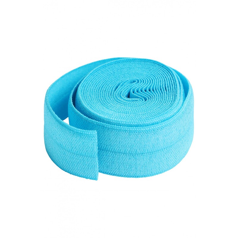 A circular roll of bright sky blue elastic, 3/4