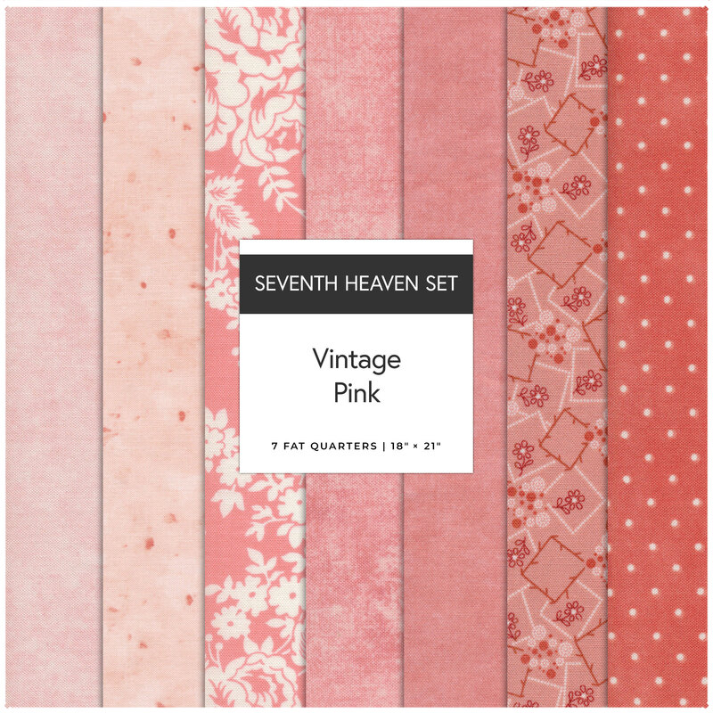 A collage of 7 coral-pink fabrics in the Vintage Pink seventh heaven set