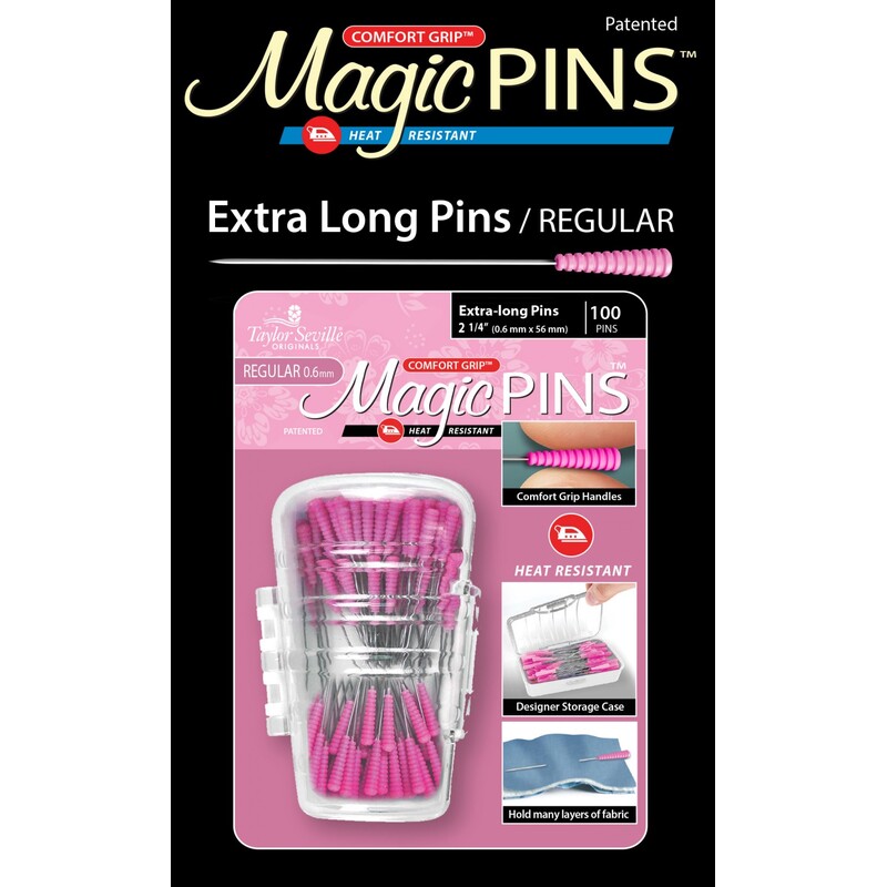 Packaging for Magic Pins featuring extra long, heat-resistant pins with a comfort grip handle.