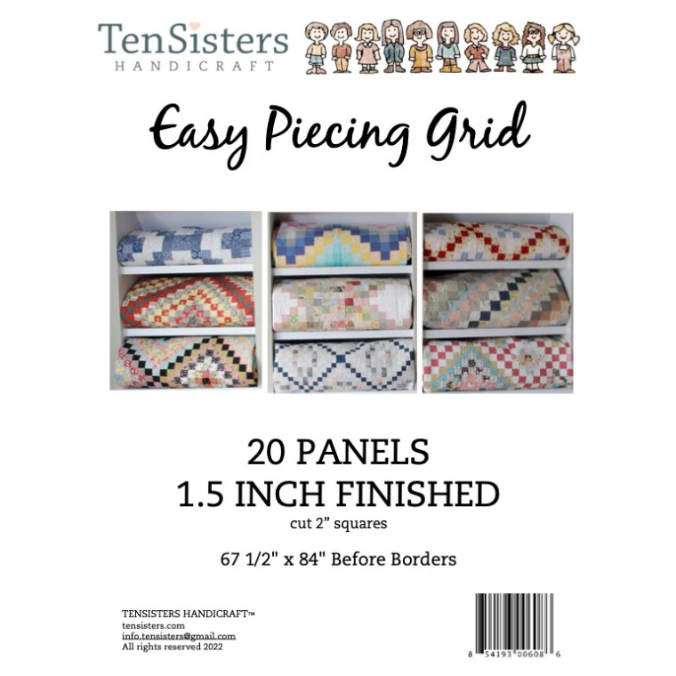 Scan of the paper insert from the Grid Panels interfacing packaging, with photos of nine finished pieced quilts folded and staged on shelves.