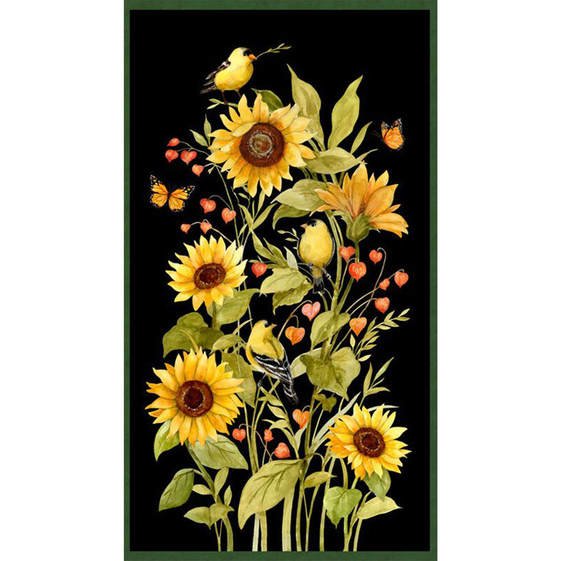 A vibrant arrangement of sunflowers, butterflies, and a yellow bird on a black background.