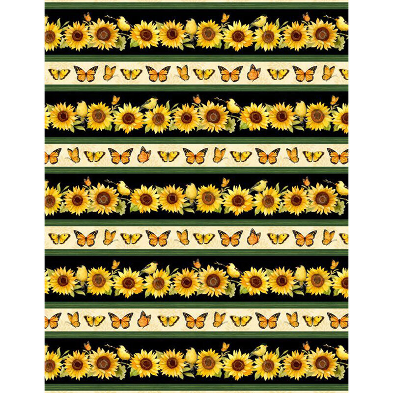 A patterned fabric design featuring alternating rows of sunflowers and butterflies on a black background.