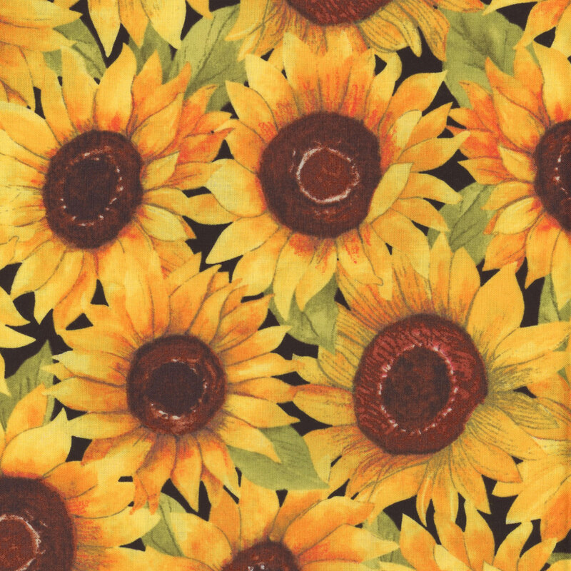 Pattern of vibrant sunflowers with brown centers against a dark background.