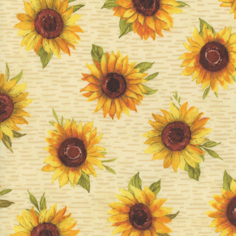 A repeating pattern of sunflowers with yellow petals and brown centers on a light background.