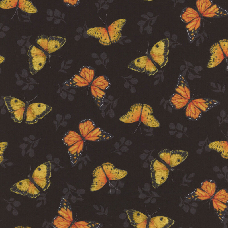 A pattern of yellow and orange butterflies on a black background, with subtle leaf designs.