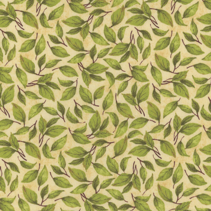 Seamless pattern of green leaves on a cream background with subtle texture.