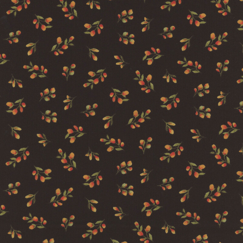 Black fabric pattern featuring small, multi-colored flowers and buds scattered throughout.