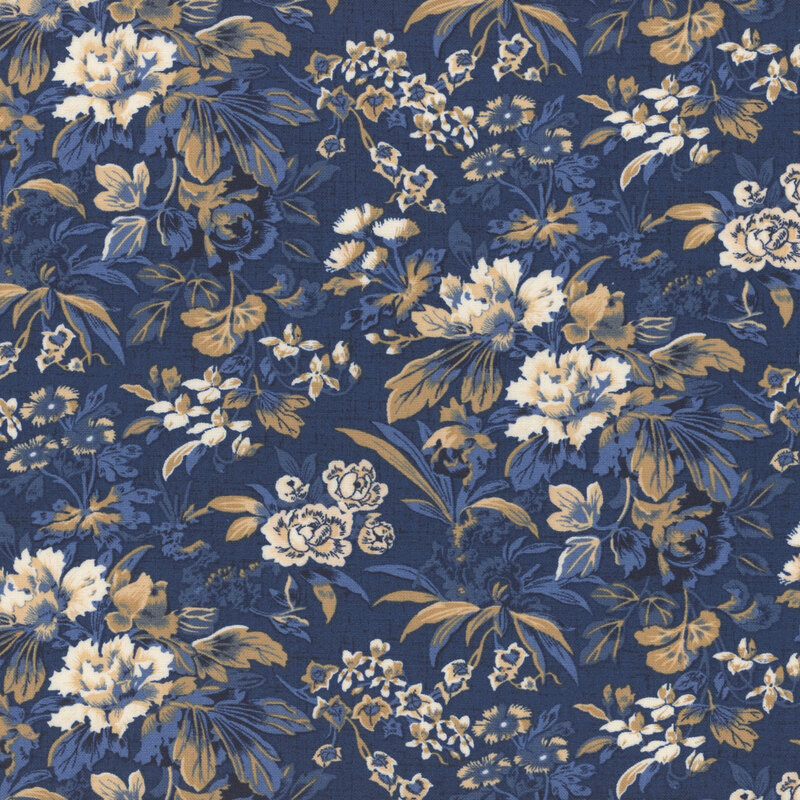 dark denim blue textured fabric featuring scattered textured florals in shades of cream and blue