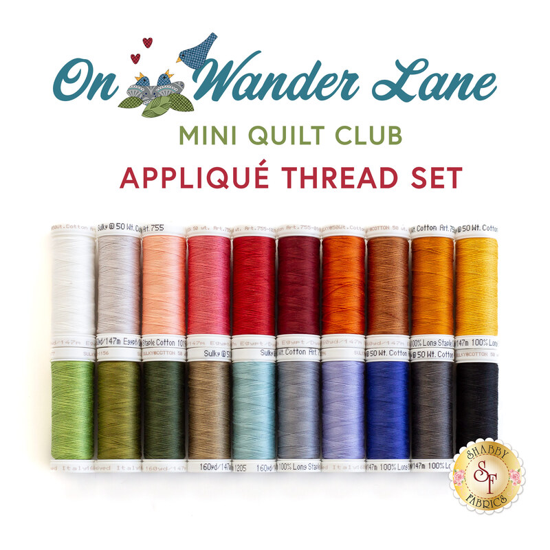 The Mini Quilt Club coordinated thread set of twenty spools, organized in rainbow order with decorative text above.