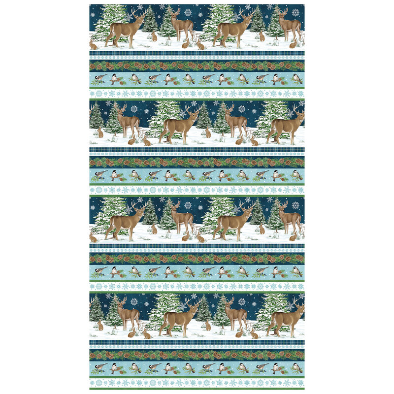 digital image of borderstripe fabric featuring wildlife animals, trees, snowflakes and robins