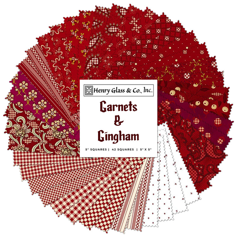 Collage image of the fabrics included in the Garnets & Gingham collection