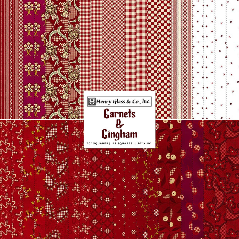 Collage image of the fabrics included in the Garnets & Gingham collection