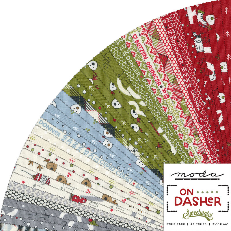 collage of all the On Dasher fabrics splayed in a fan in muted shades of icy blue, white, red, and green